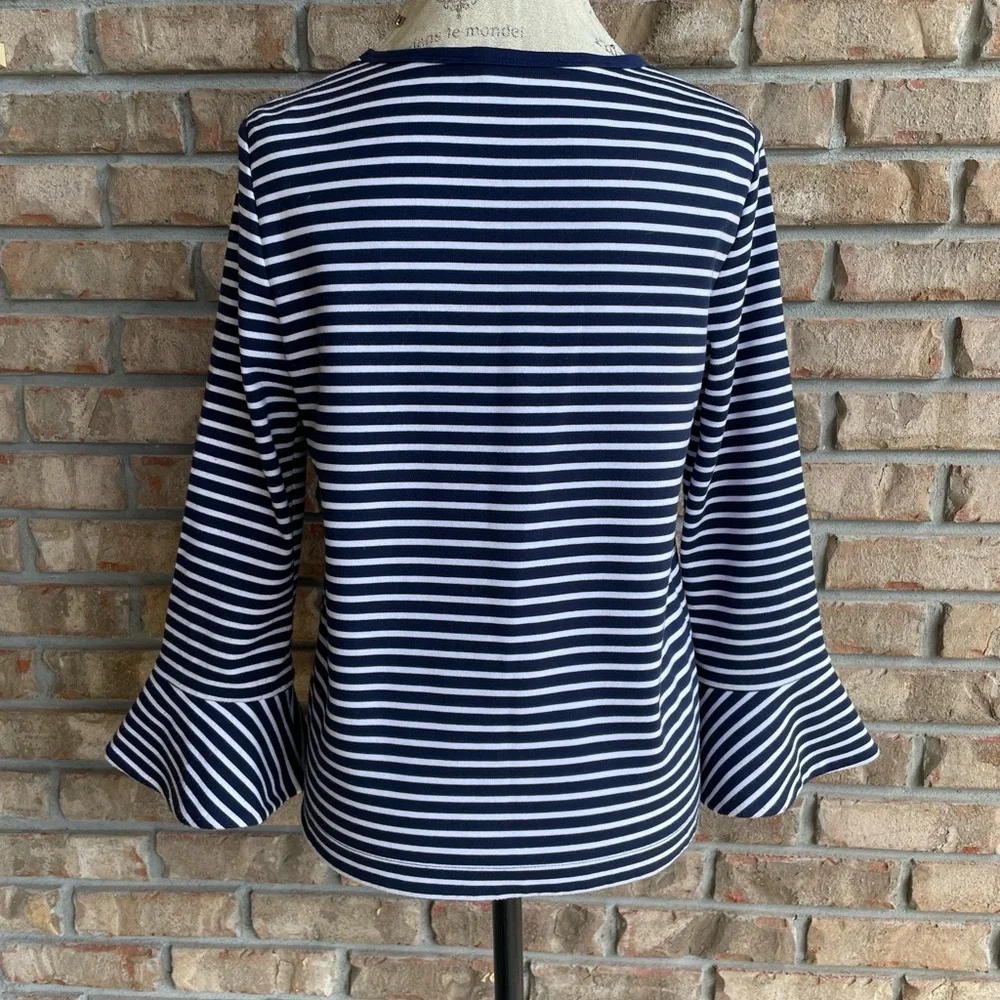 Draper James Sadler Navy and White Striped Long Sleeve Top with Bell Sleeves.